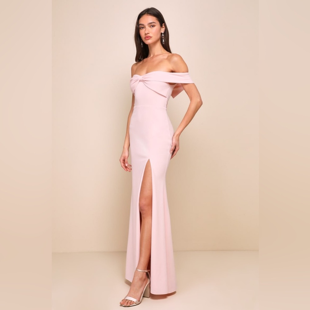 Lulus-Elegant Perception Light Pink Off-the-Shoulder Bow Maxi Dress - Picture 4 of 4